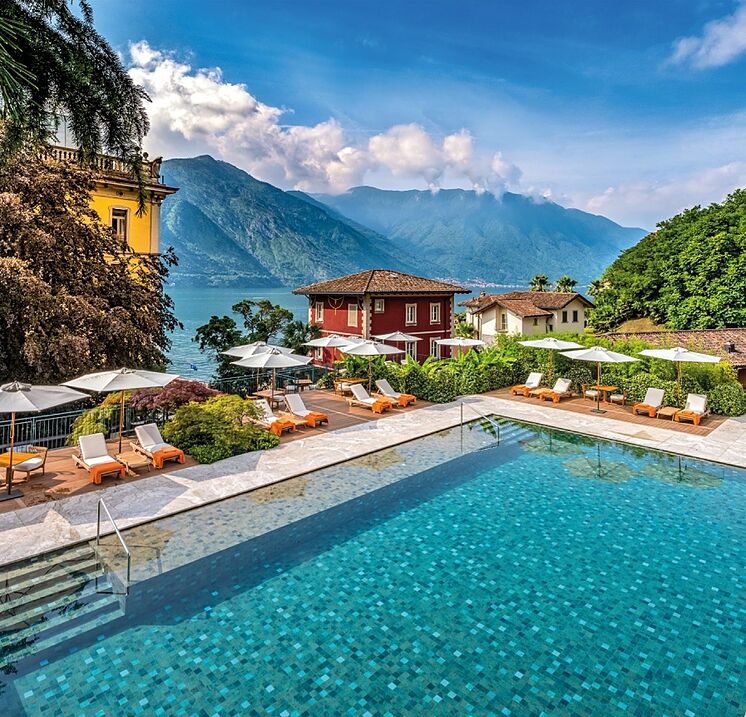 The spectacular swimming pool of the Gran Hotel Tremezzo on Lake Como.